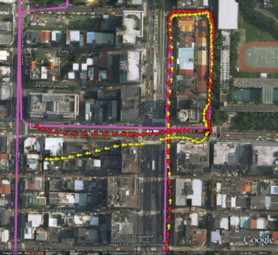 Только GPS (желтый) в сравнении с мульти-GNSS (GPS+QZSS (1 спутник, красный)), истинное значение - лиловый, Тайбэй